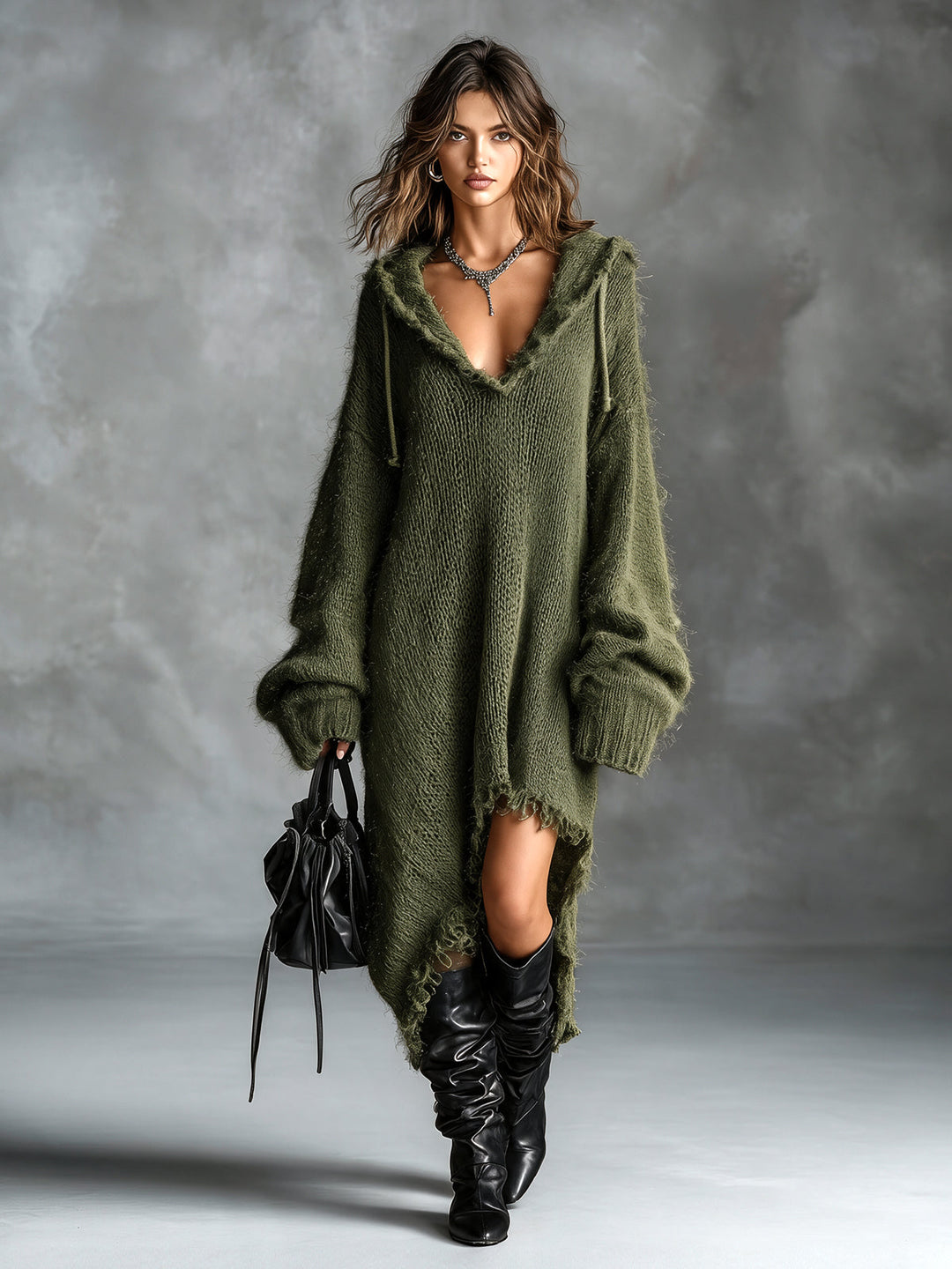 Genevieve oversized fuzzy knit midi dress in army green, three-quarter view