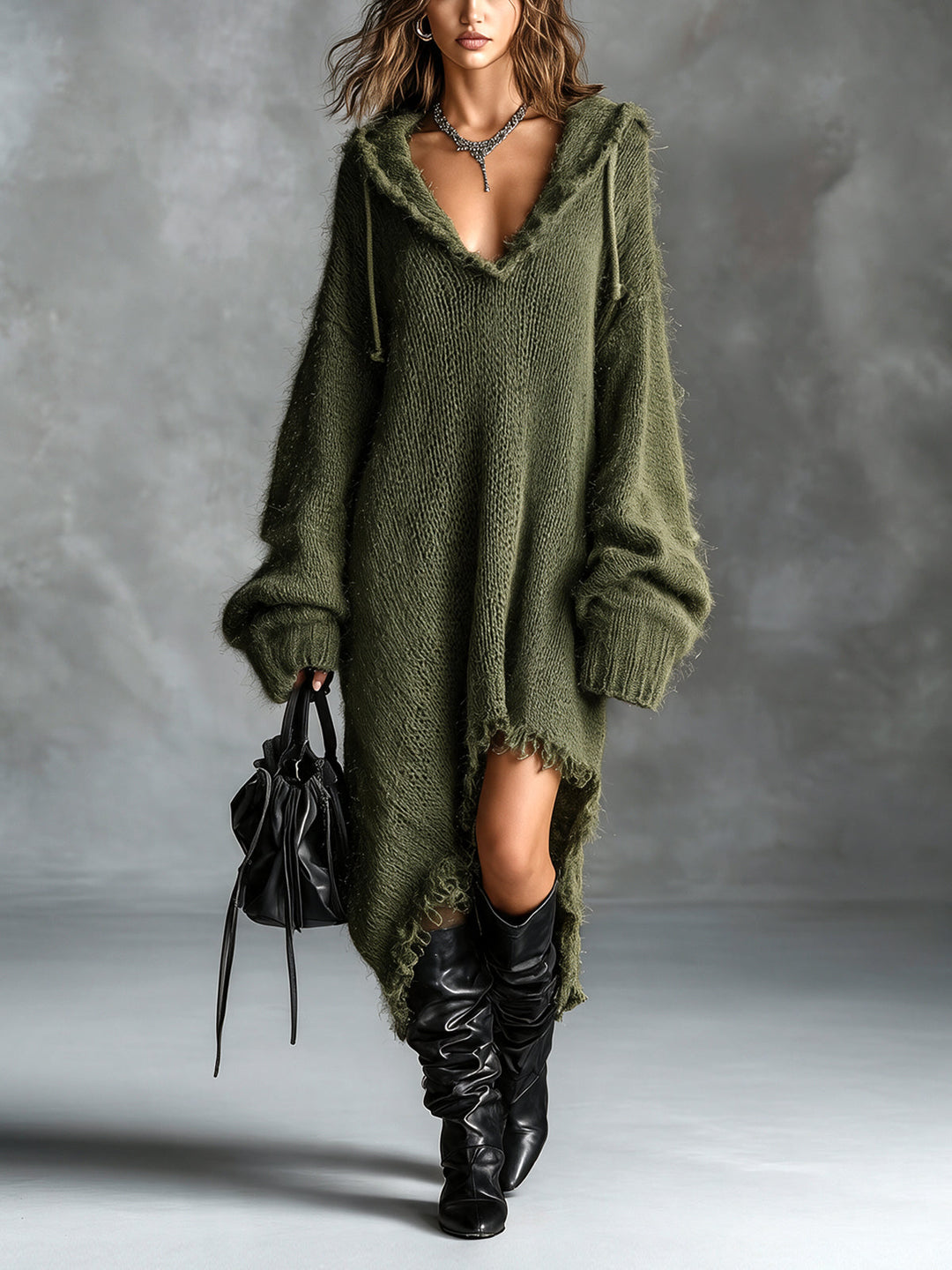 Genevieve oversized fuzzy knit midi dress in army green, front view