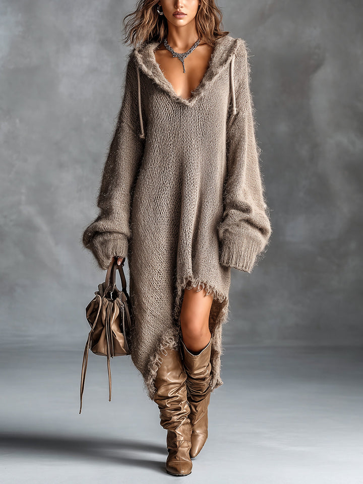Genevieve oversized fuzzy knit midi dress in brown, front view with hood down