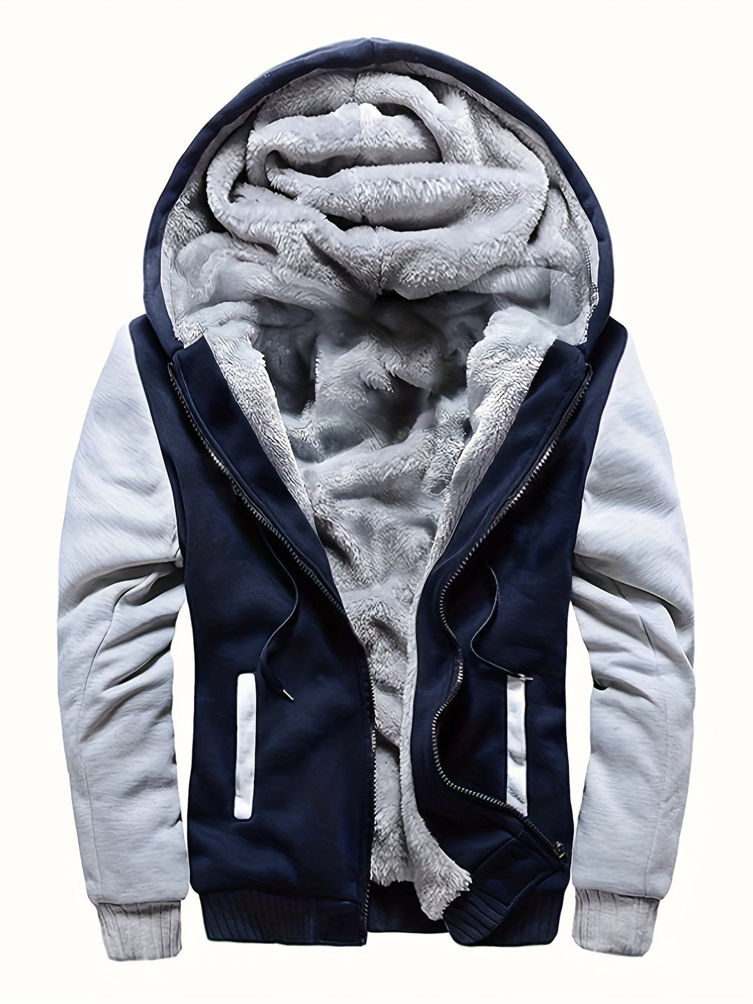 Raymond two-tone sherpa-lined zip hoodie in dark cyan and light gray, front view