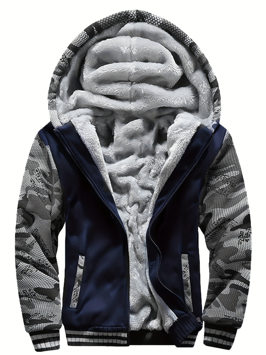 Raymond two-tone sherpa-lined zip hoodie in dark cyan with camo-print sleeves, front view