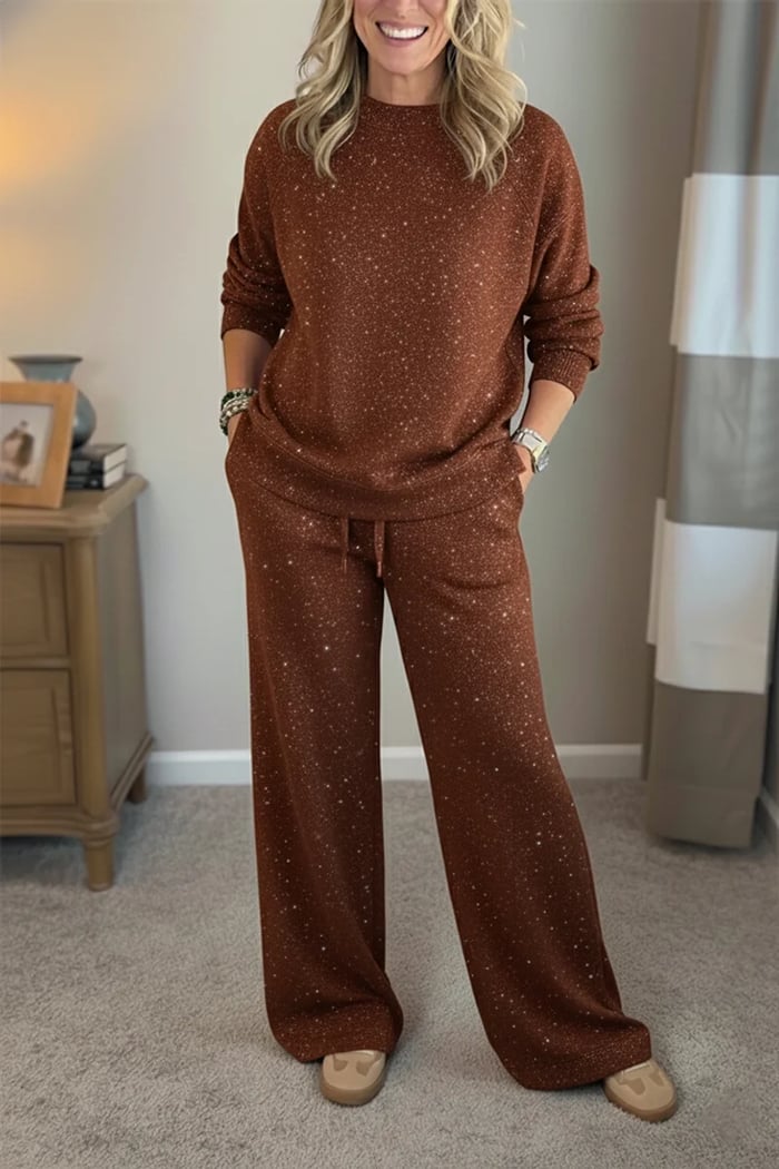 Woman wearing a brown shimmer crewneck sweatshirt and matching wide-leg pants