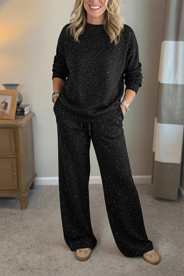 Opal two-piece pantsuit in burgundy, round-neck jacket with wide-leg trousers