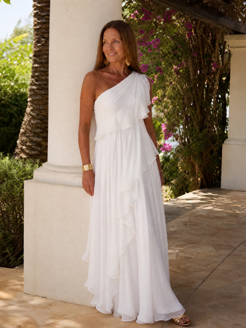 Pearl - One-Shoulder Tiered Dress in Blue