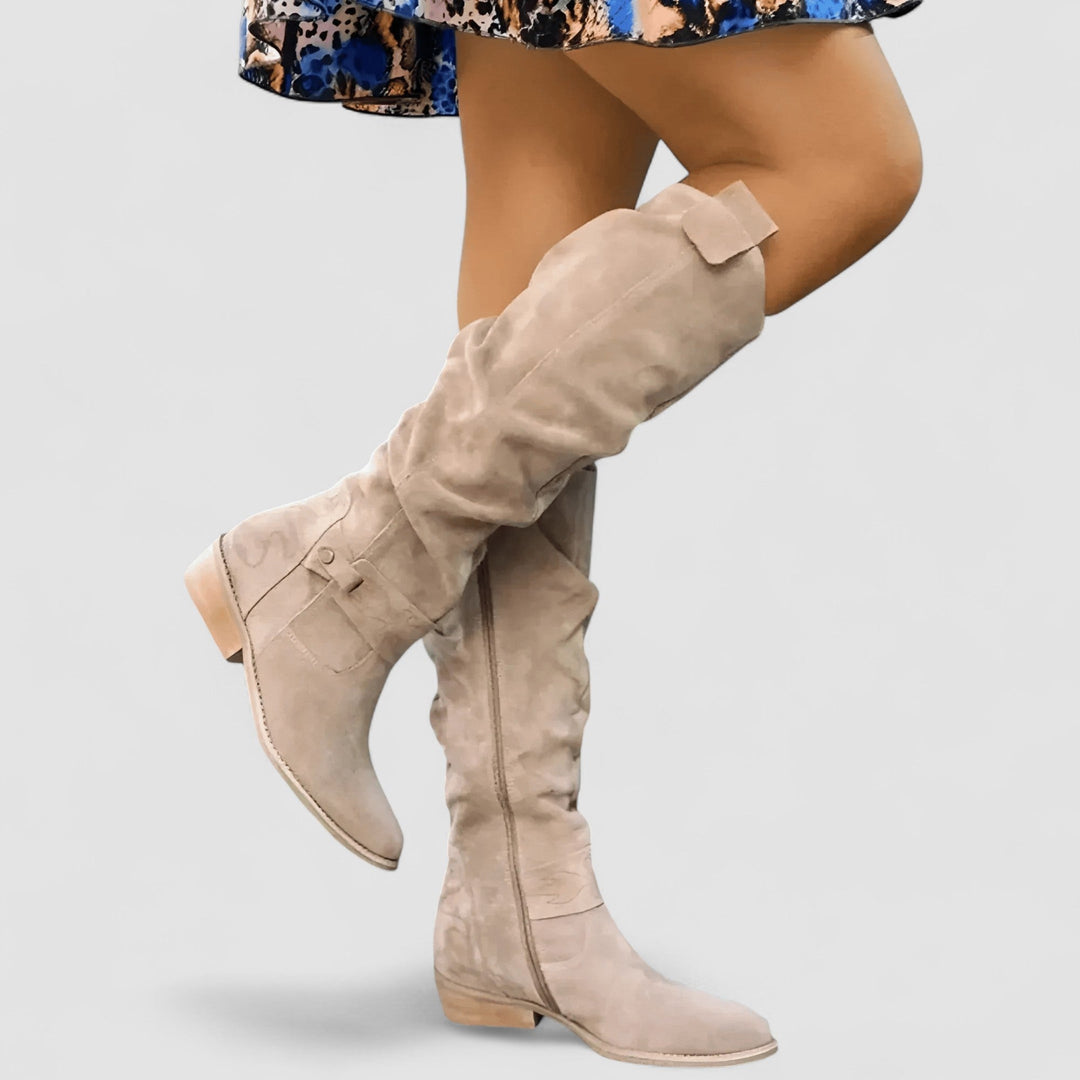 Charlotte suede high boots in beige with a small stable heel