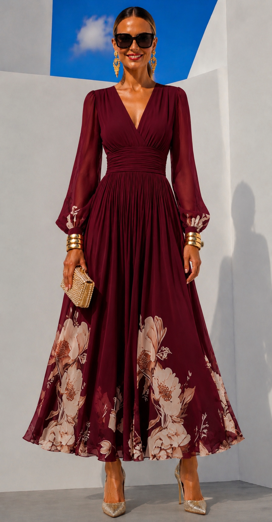 Delphine printed chiffon dress in burgundy, front view