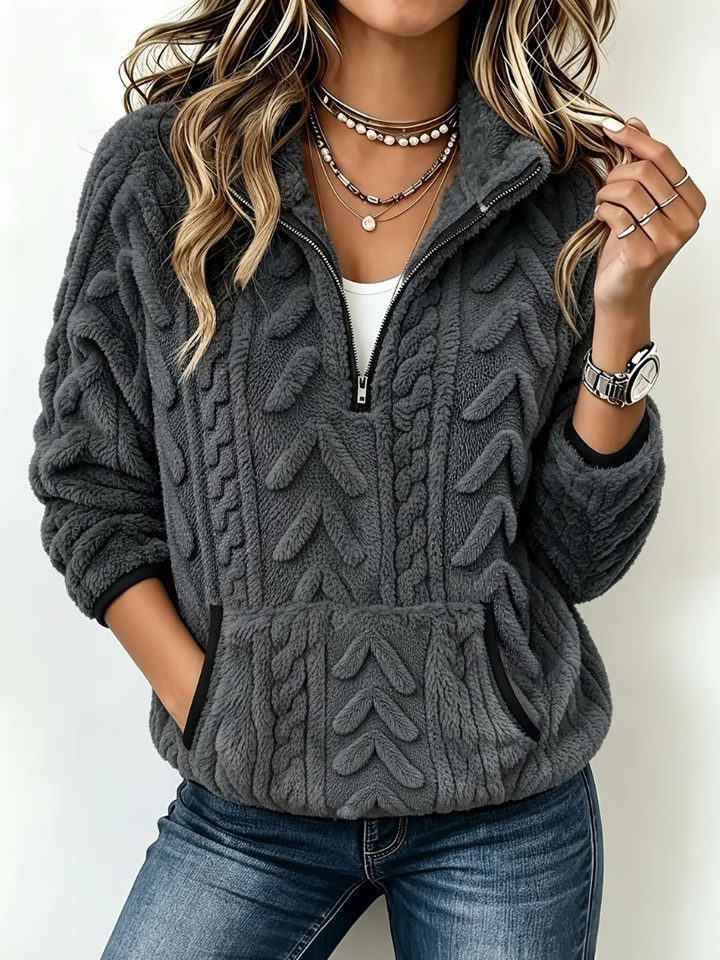 Mildred cable-knit half-zip sweater in gray, close-up front view