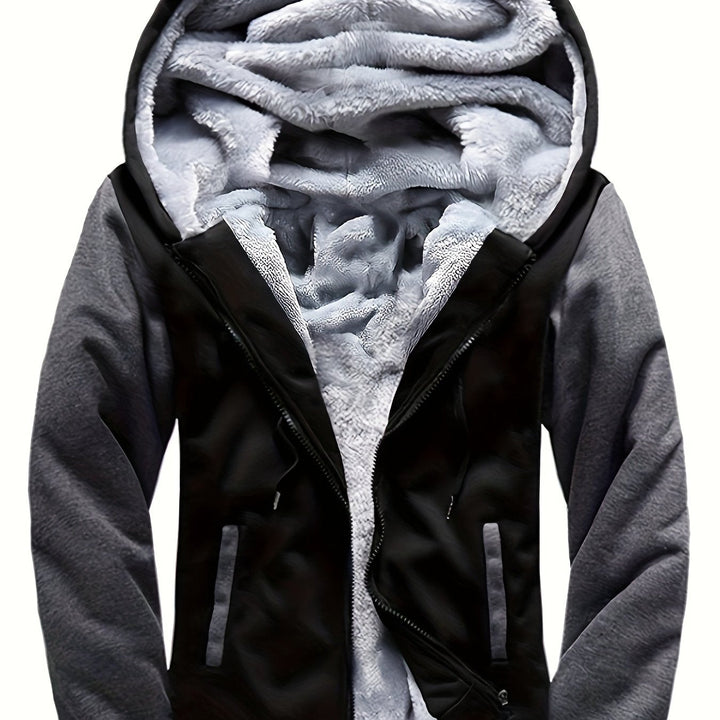 Raymond two-tone sherpa-lined zip hoodie in black with gray sleeves, hood detail