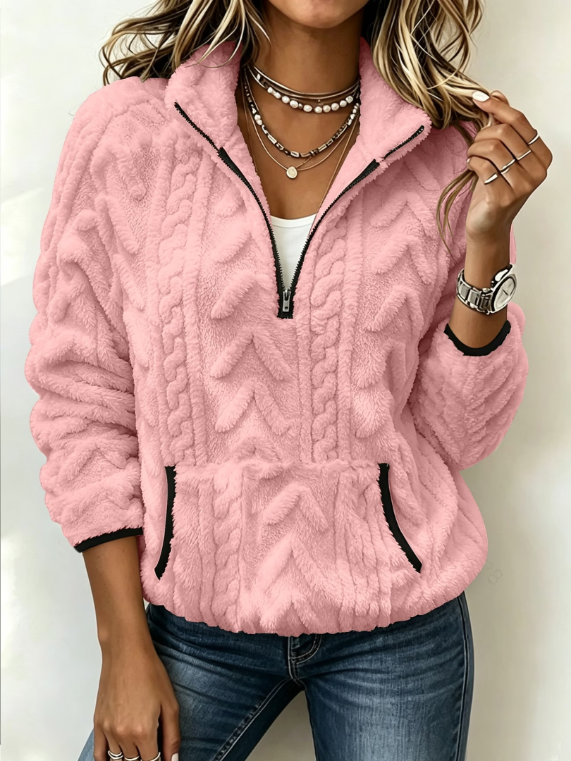 Mildred cable-knit half-zip sweater in pink, close-up front view