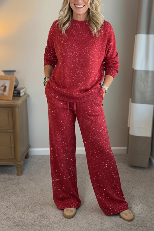 Opal two-piece pantsuit in navy, sheer puff-sleeve jacket with wide-leg trousers