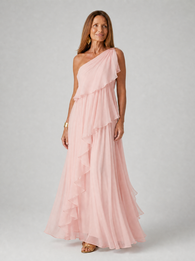 Pearl - One-Shoulder Tiered Dress in Pink