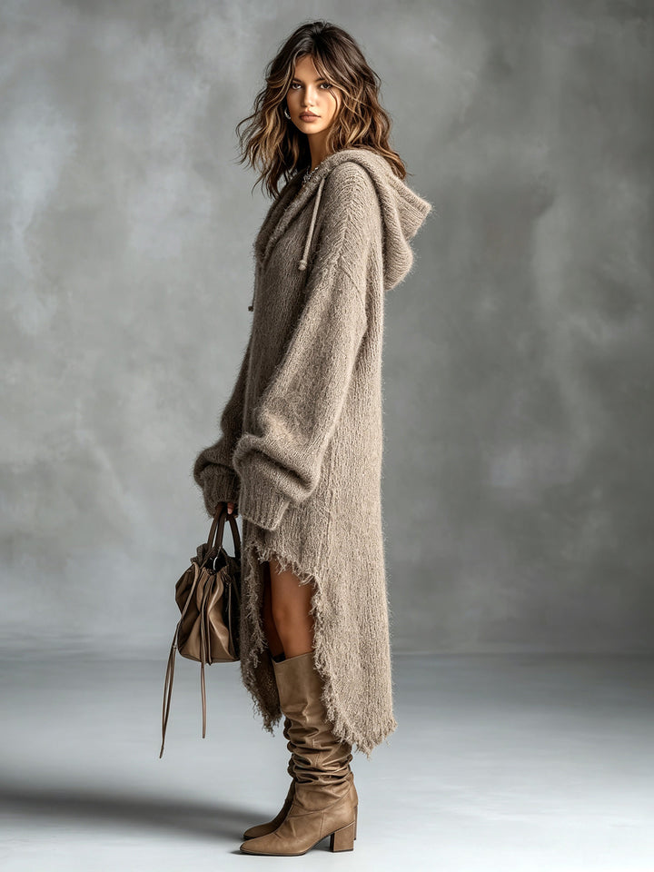 Genevieve oversized fuzzy knit midi dress in brown, side view showing hooded collar