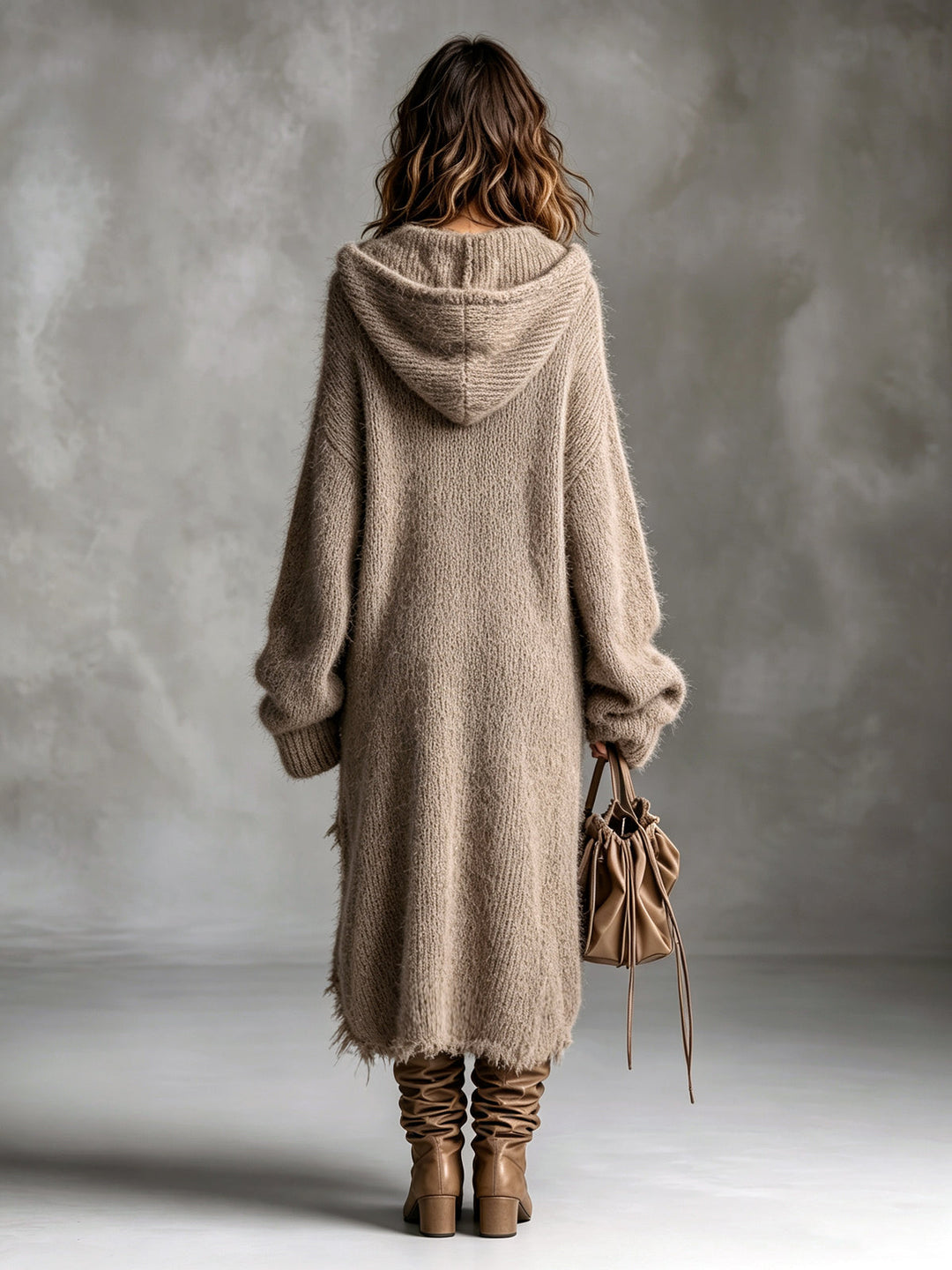Genevieve oversized fuzzy knit midi dress in brown, back view