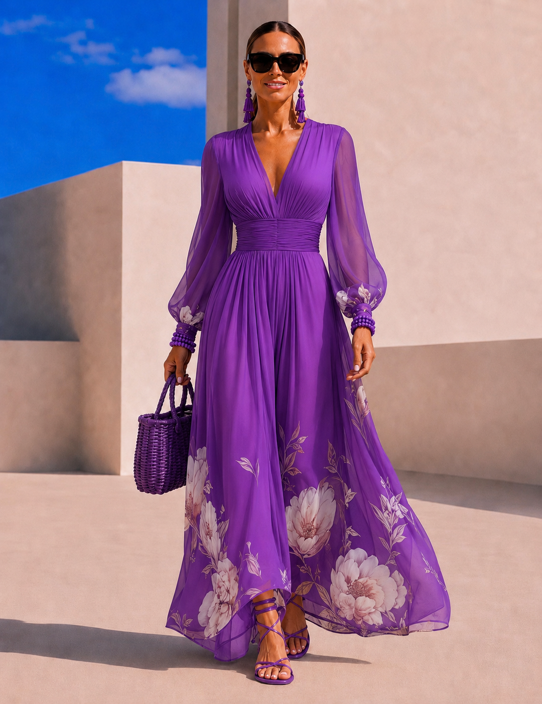Delphine printed chiffon dress in purple, front view with floral hem detail