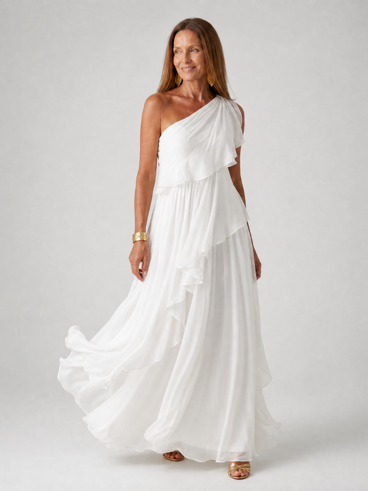 Pearl - One-Shoulder Tiered Dress in White