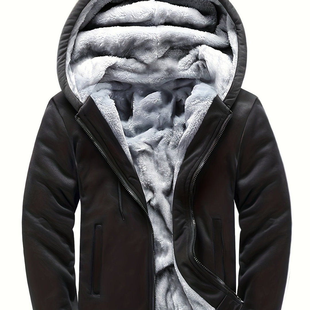 Raymond two-tone sherpa-lined zip hoodie in black, hood detail