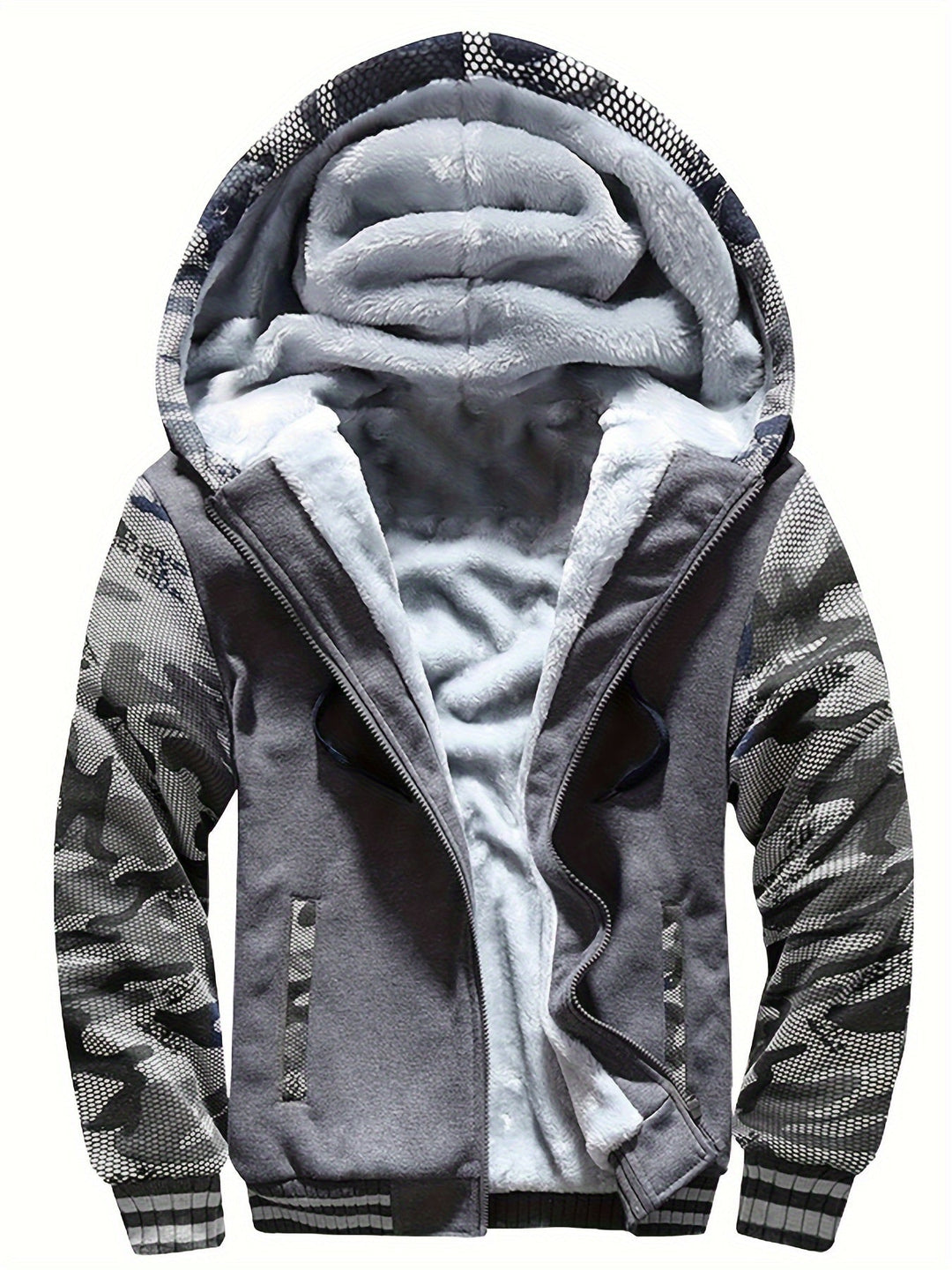 Raymond two-tone sherpa-lined zip hoodie in graphite gray with camo-print sleeves, front view