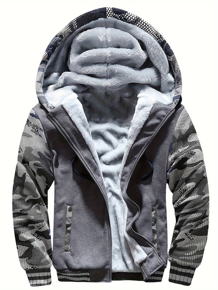 Raymond two-tone sherpa-lined zip hoodie in graphite gray with camo-print sleeves, front view