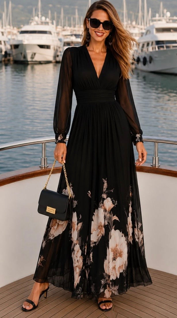 Delphine printed chiffon dress in black, styled outdoors