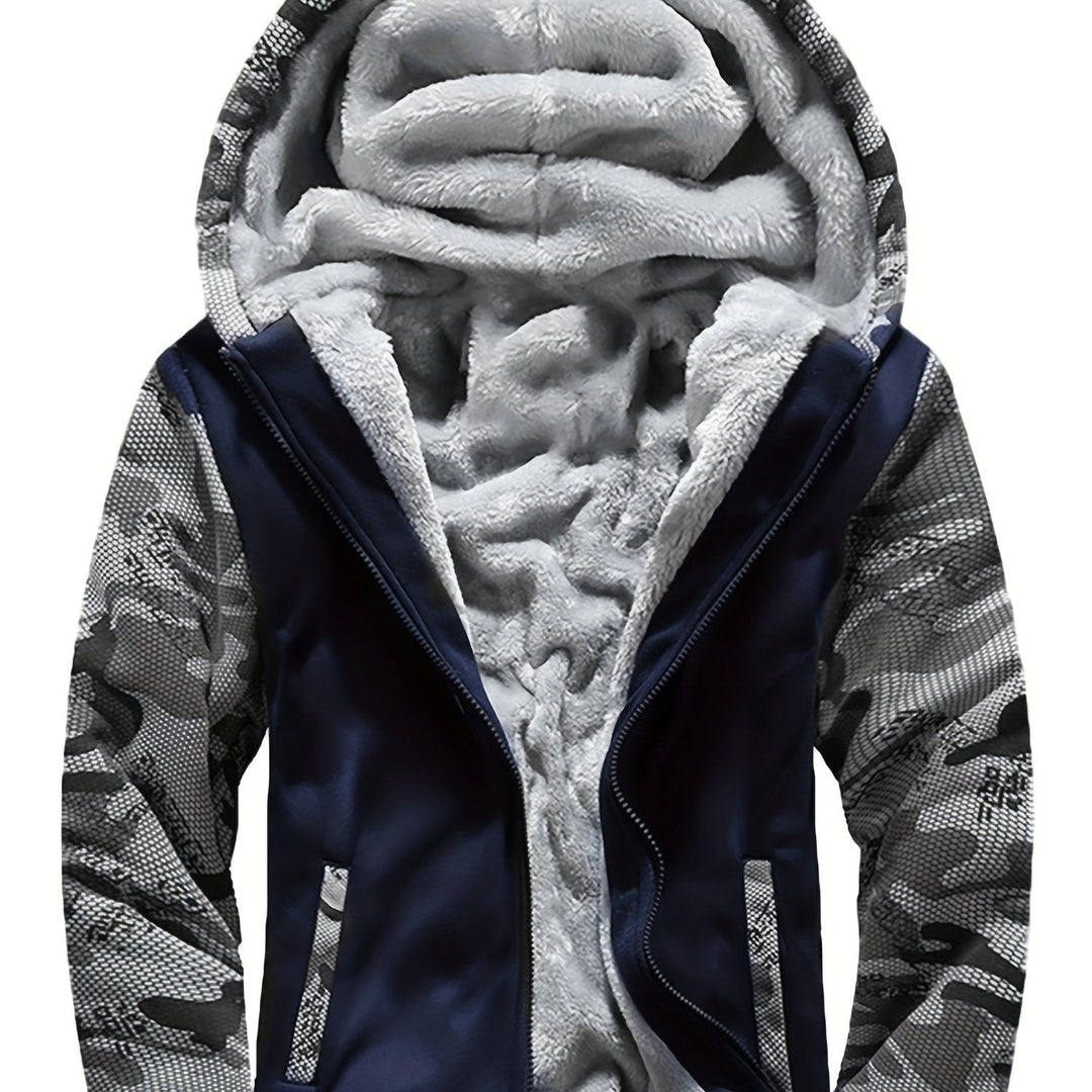 Raymond two-tone sherpa-lined zip hoodie in navy with camo-print sleeves, hood detail