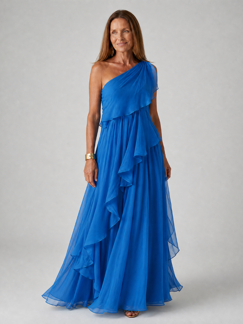 Pearl - One-Shoulder Tiered Dress in Blue