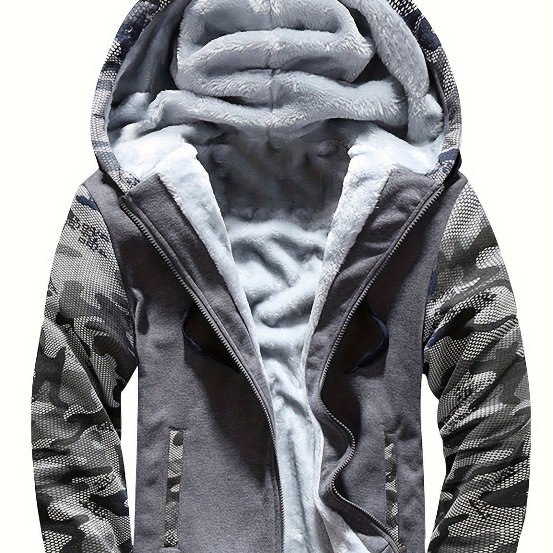 Raymond two-tone sherpa-lined zip hoodie in space gray with camo-print sleeves, hood detail