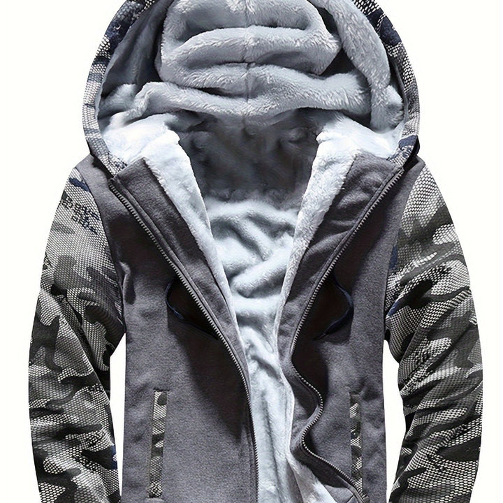 Raymond two-tone sherpa-lined zip hoodie in space gray with camo-print sleeves, hood detail