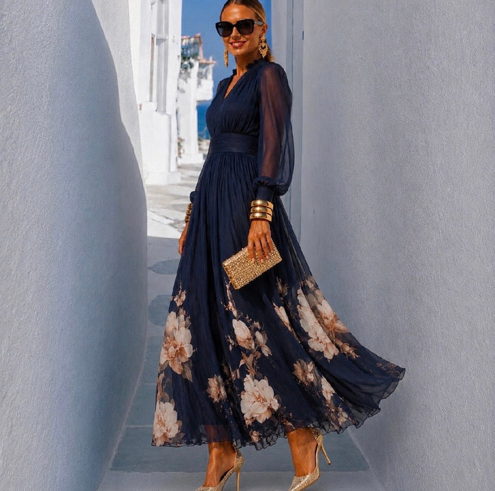 Delphine printed chiffon dress in navy, front view showing floral hem