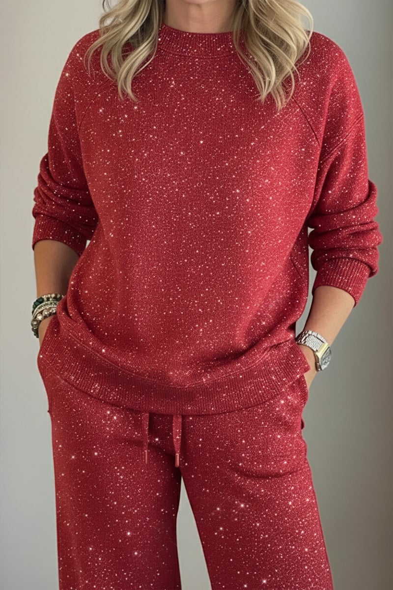 Woman wearing a navy shimmer crewneck sweatshirt and matching wide-leg pants
