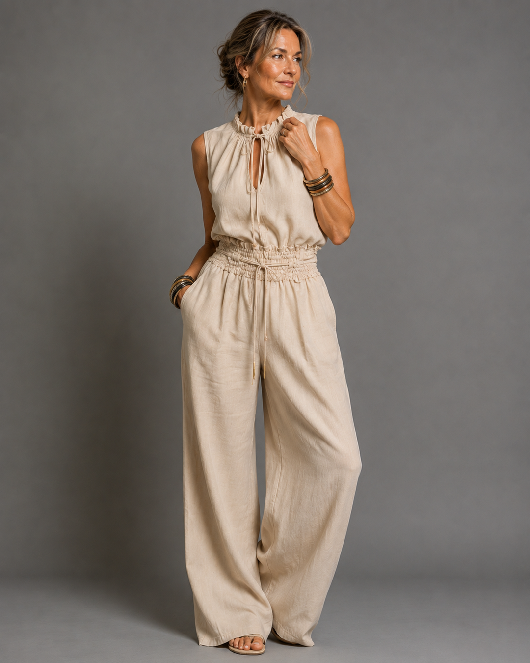 Beatrice sleeveless wide-leg jumpsuit in light beige, front view