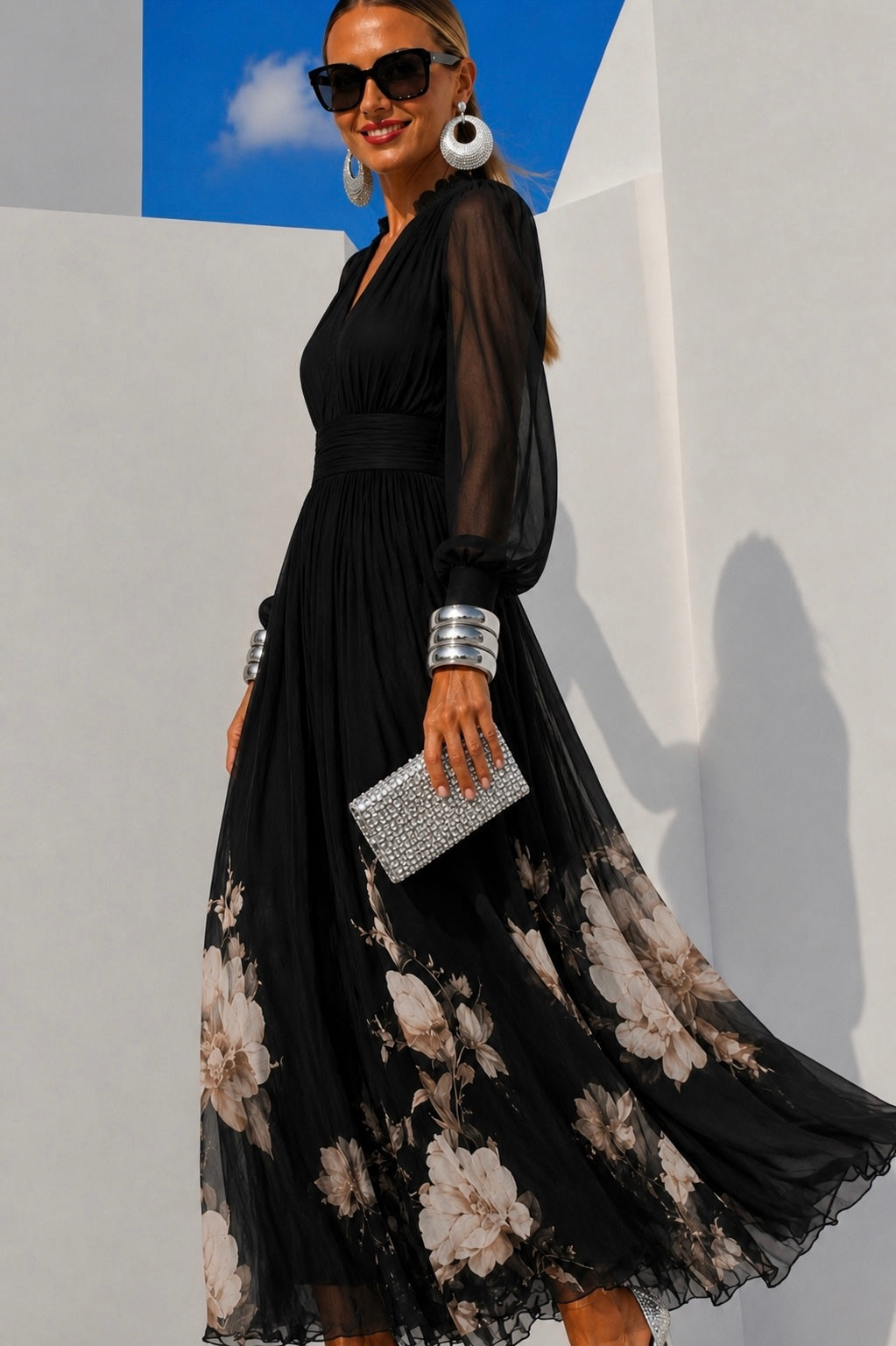 Delphine printed chiffon dress in black, side view