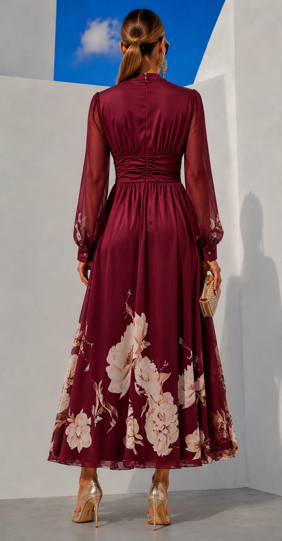 Delphine printed chiffon dress in burgundy, back view