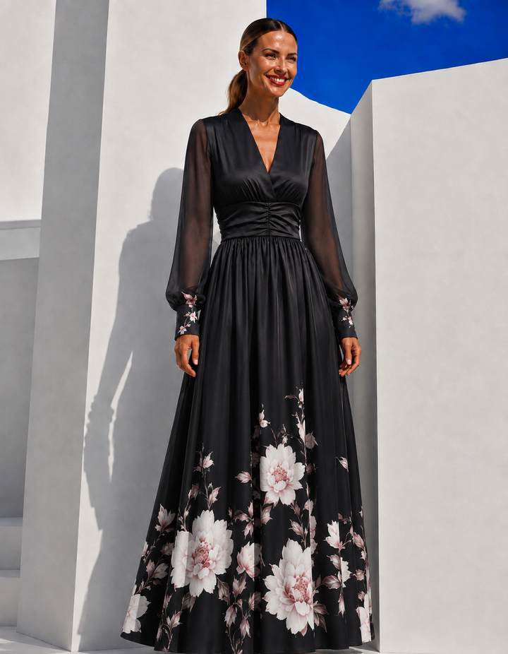 Delphine printed chiffon dress in black, front view