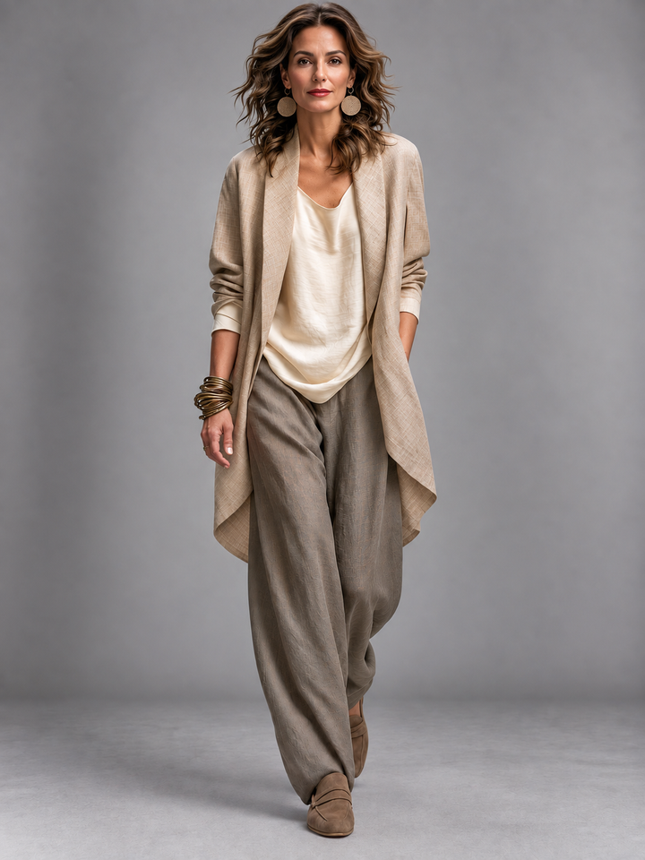 Selma linen three-piece set, jacket over top and wide-leg trousers, front view
