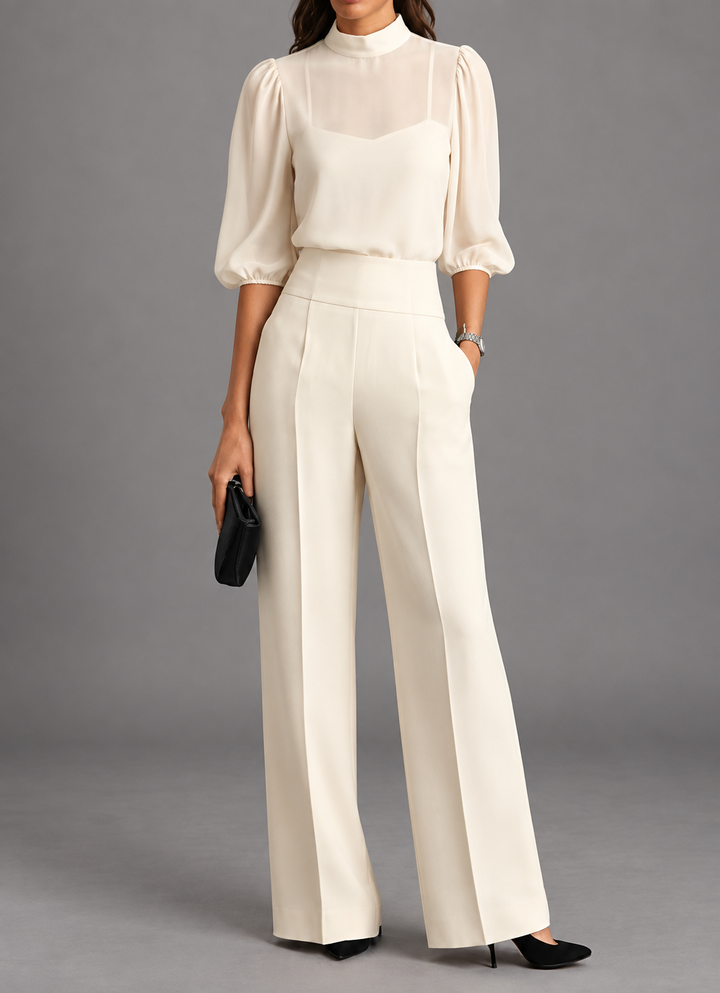 Maude three-piece set in ivory, flowing top and wide-leg trousers, front view
