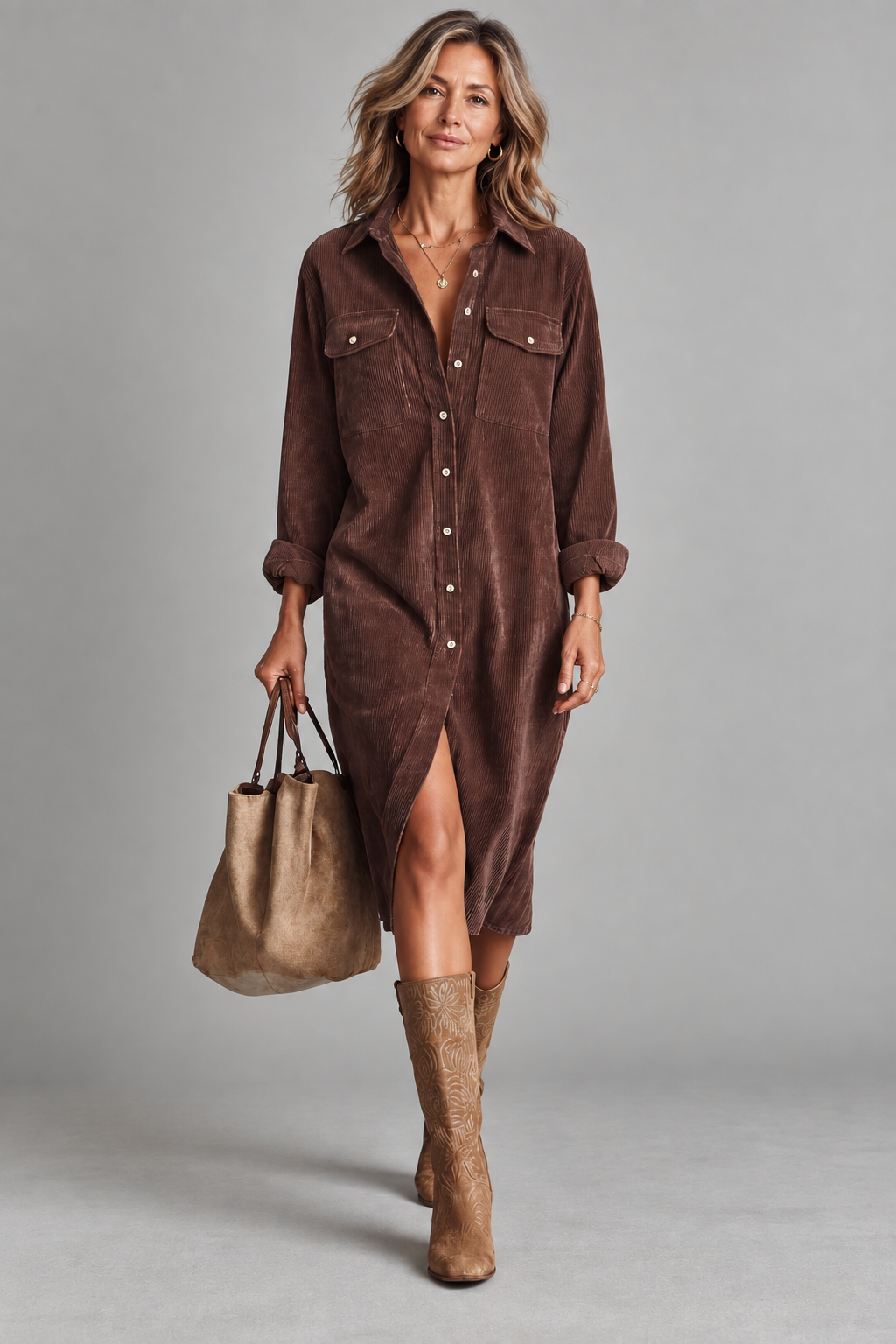 Ida corduroy shirt dress in dark brown, front view