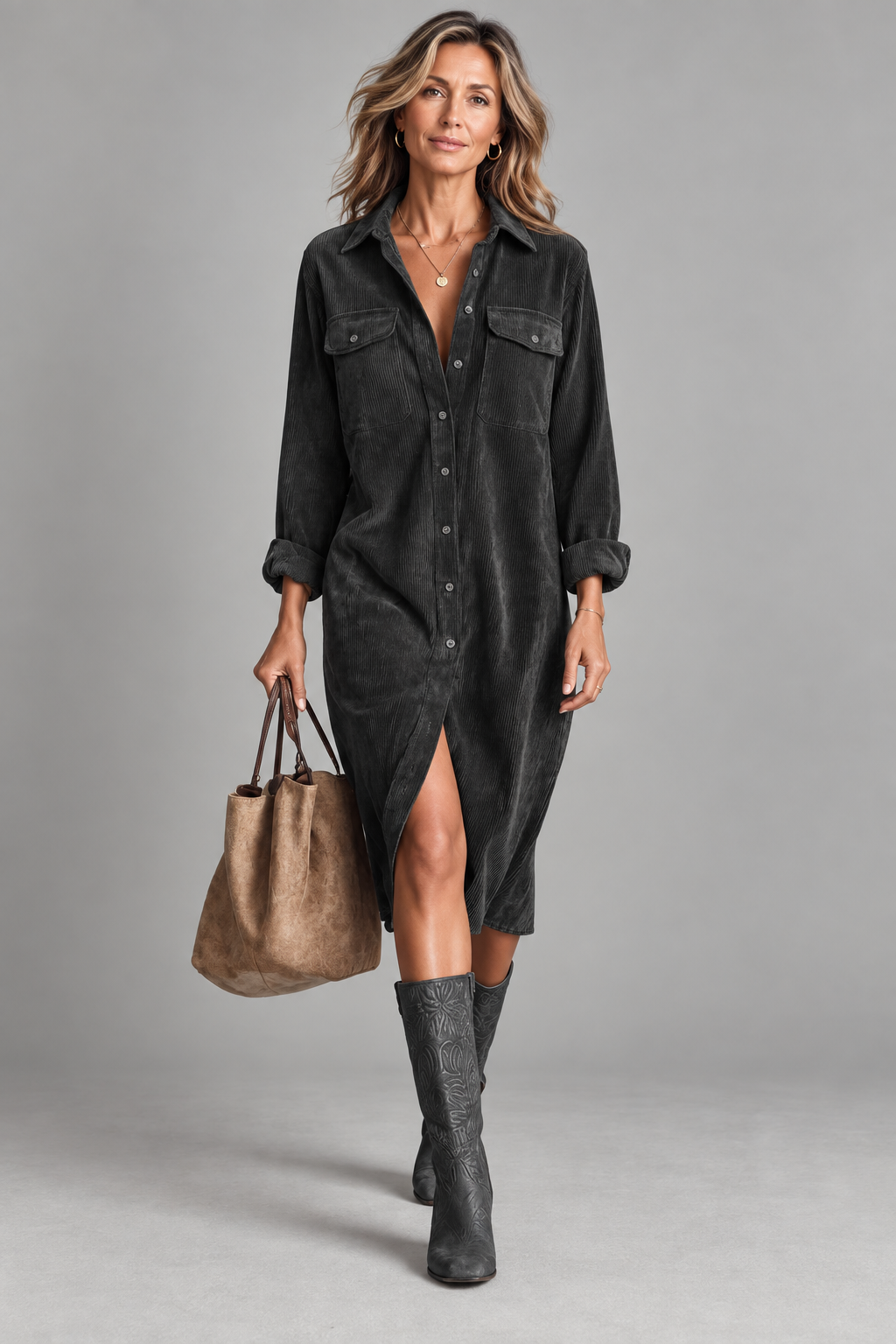 Ida corduroy shirt dress in grey, front view