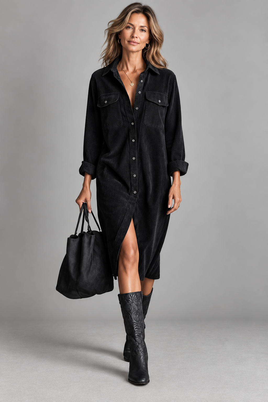 Ida corduroy shirt dress in black, front view