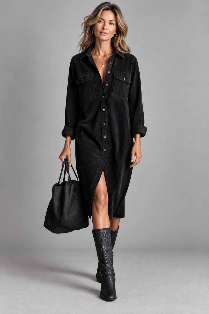 Ida corduroy shirt dress in black, front view