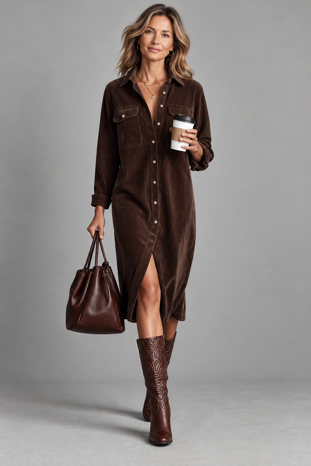 Ida corduroy shirt dress in burgundy, front view with tote bag