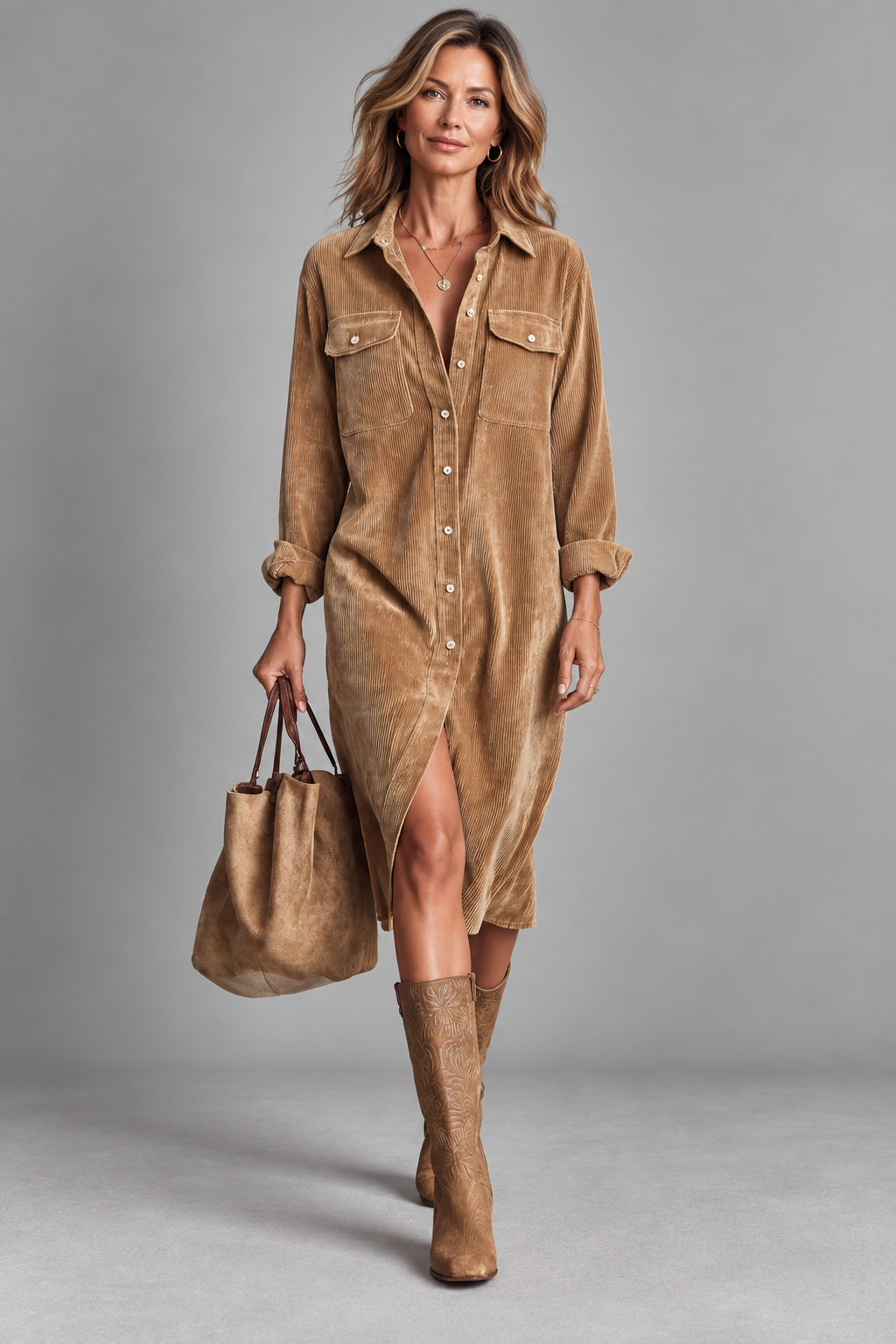 Ida corduroy shirt dress in brown, full front view