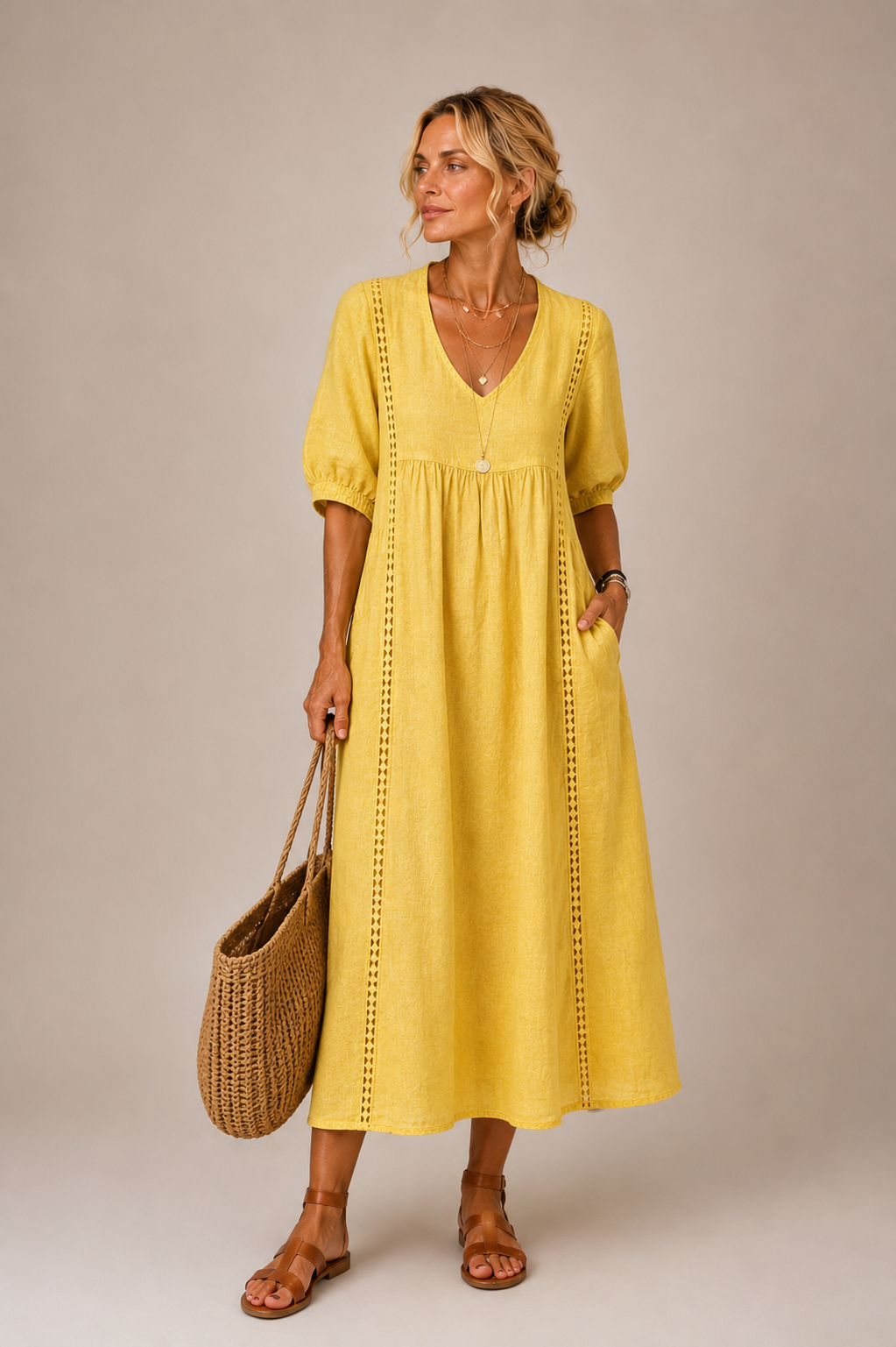 Christine lace trim v-neck midi dress, front view