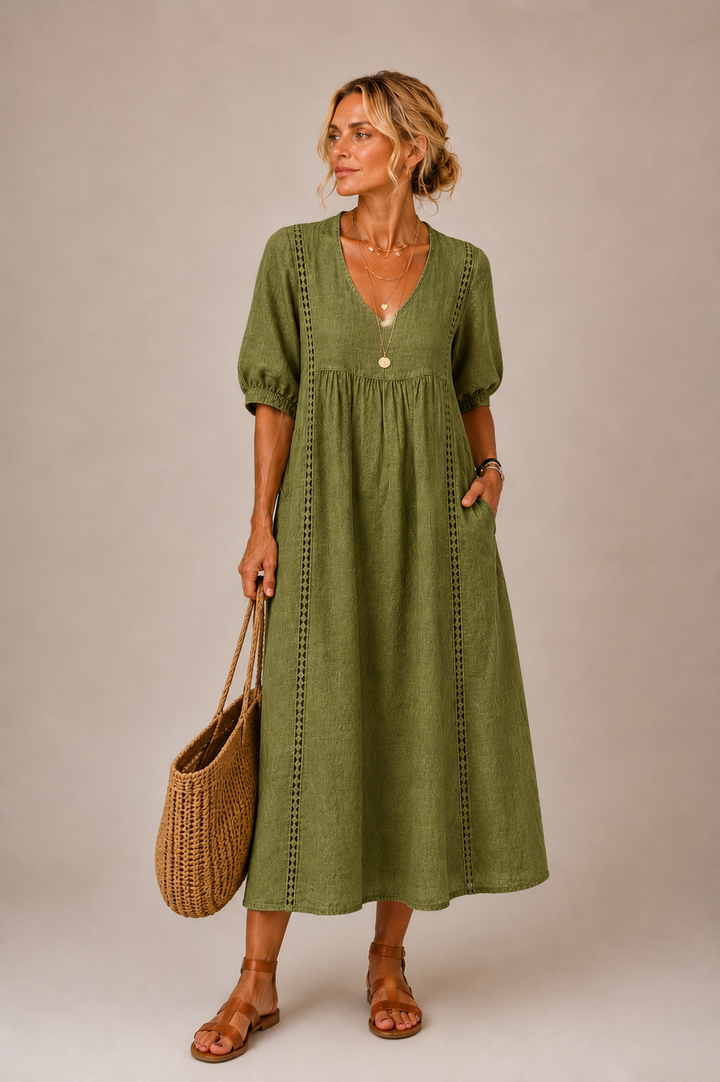 Christine lace trim v-neck midi dress, back view