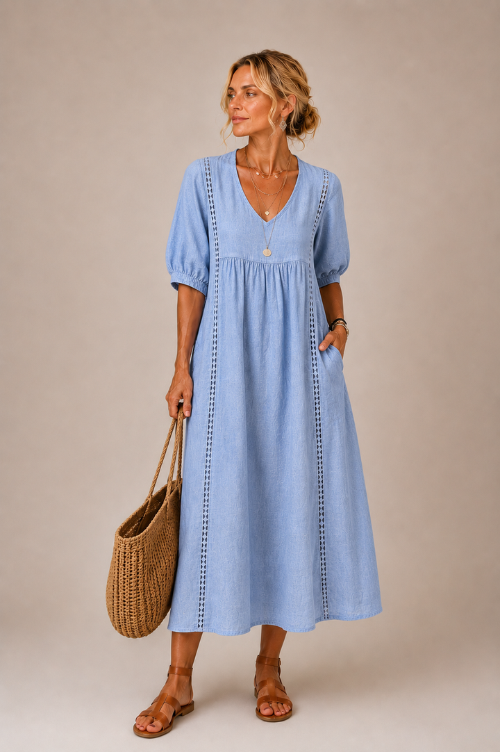 Christine lace trim v-neck midi dress, detail view