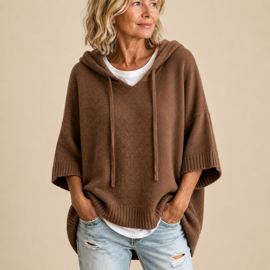 Lucille hooded knit poncho in brown, lifestyle shot