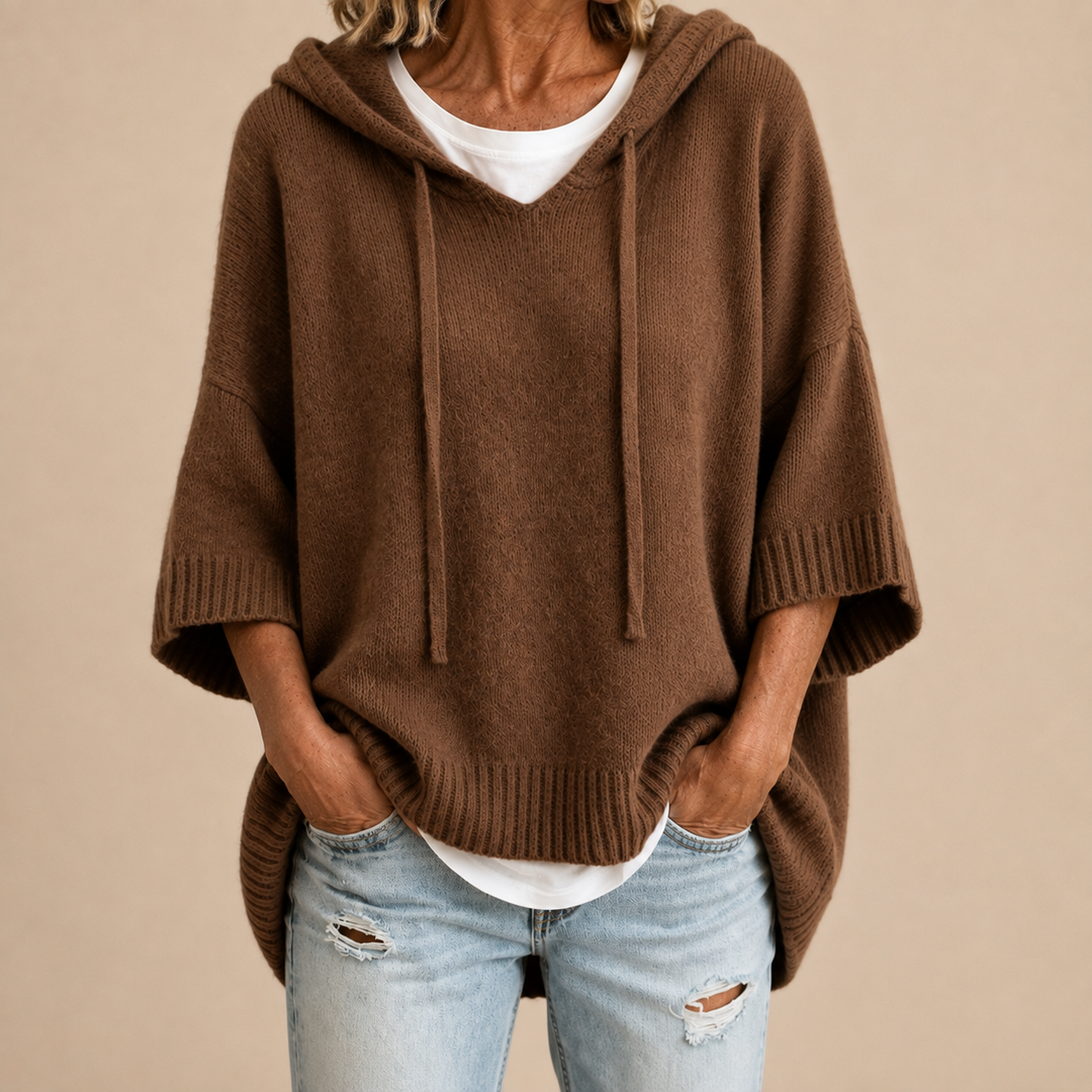 Lucille hooded knit poncho in brown, front view