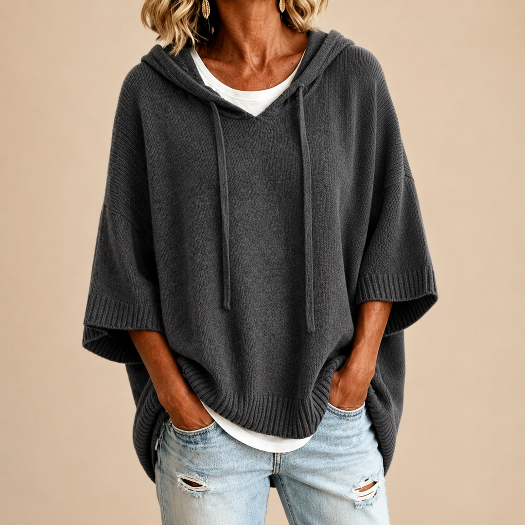 Lucille hooded knit poncho in gray, front view