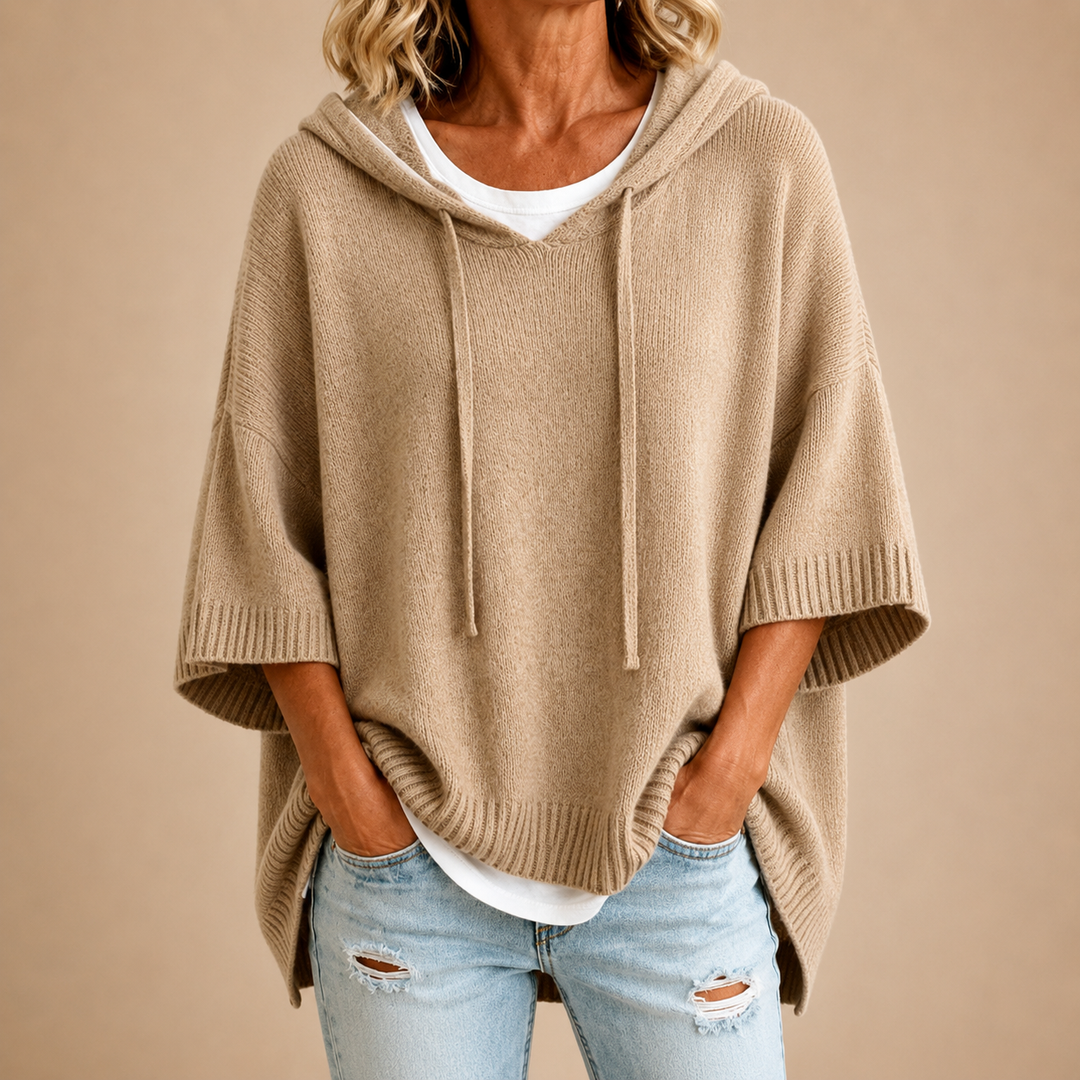 Lucille hooded knit poncho in khaki, front view