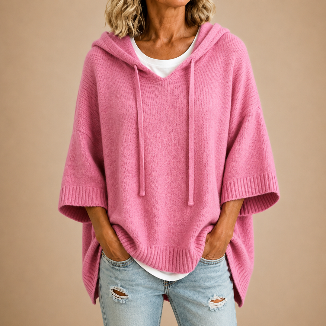 Lucille hooded knit poncho in pink, front view