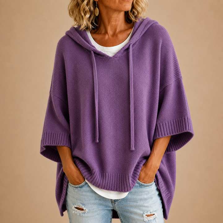 Lucille hooded knit poncho in purple, front view